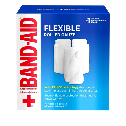 [BRSWIHQAC4IQKAAZ] Band-Aid Brand of First Aid Products Flexible Rolled Gauze Dressing for Minor Wound Care, Soft Padding and Instant Absorption, 3 Inches by 2.1 Yards, Value Pack 5 ct