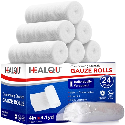 [BRSRMEIEOV4BYH3D] HEALQU Premium Gauze Rolls - 4" x 4 Yards - 24 Rolls, Individually Wrapped Conforming Stretch Gauze Bandage - Super Soft Woven Stretch Bandages for Primary Wound Dressing Support