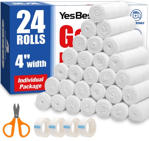 [BRSROATYB4MQ2ADZ] YesBes 24 Pack Gauze Rolls, 4 in x 4.1 Yards, Premium Gauze Wrap Roll for Wounds, Bandage Wrap Rolled Gauzes, Mummy Wraps, Individually Wrapped