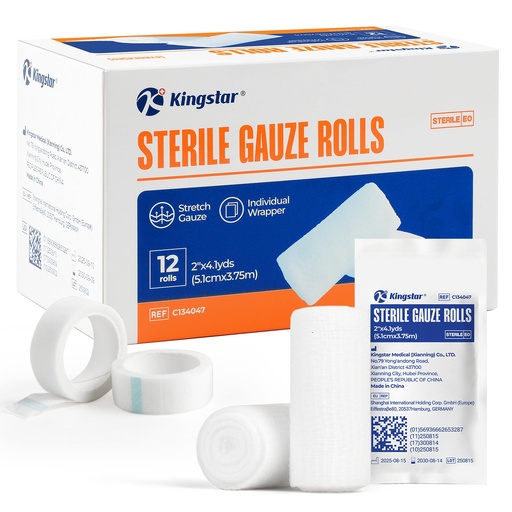 [BRSREGA3CEDWGDTJ] Kingstar Sterile Gauze Rolls 2in x 4.1 Yards, 12 Pack Conforming Stretch | Gauze Bandage, Firm Support for Dressings and Splints, Latex-Free First Aid Supplies Individually Wrapped with Bonus Tape