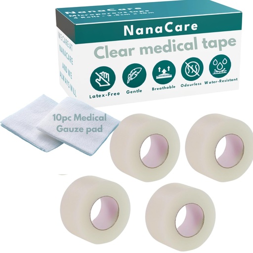 [BRSRAZ37DECBUHTB] NanaCare Clear Medical Tape Waterproof, 4 Rolls - 1 inch x 10 yds | 4 Rolls - 1 inch x 10 yds & 10 pc Gauze Pads, Hypoallergenic Surgical Tape Skin Parent