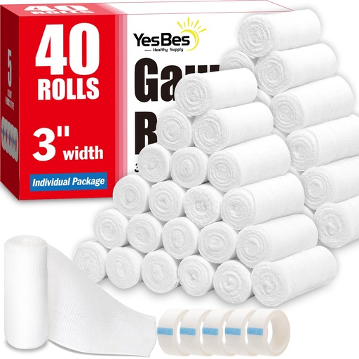 [BRSRGGQYBMNR6GTH] YesBes 40 Pack Gauze Rolls, 3 in x 4.1 Yards, Premium Gauze Wrap Roll for Wounds, Bandage Wrap Rolled Gauzes, Mummy Wraps, Individually Wrapped