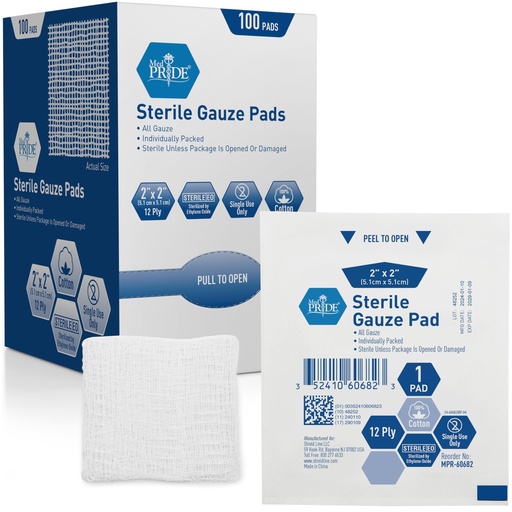 [BRSWYBIZDN7AMH3H] MED PRIDE Sterile Nonstick Gauze Dressing Pads,12-Ply Cotton,2x2 in,100-Ct