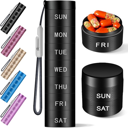 [BRSROCQDOFYWAEQ6] Aluminium Travel Pill Organizer,Weekly Metal Pill Case,Pill Holder, Moisture Proof Waterproof Daily Pill Box 7 Day, Large Pill Container to Hold Vitamins,Medication,Supplements 【Black Knurling】