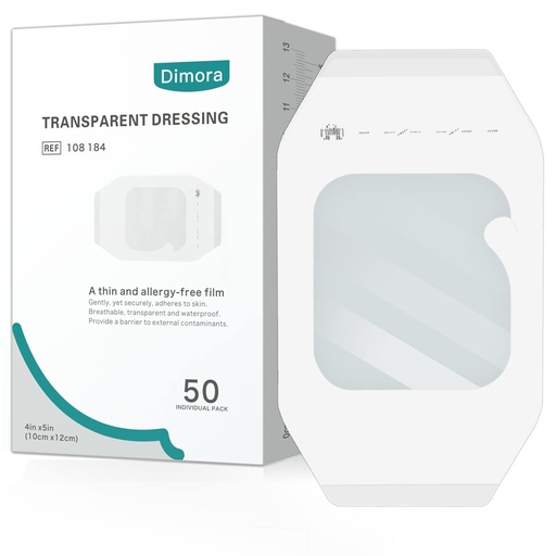 [BRSWYCAKAQBQIYL5] Dimora Transparent Film Dressing 50 Packs, Waterproof Adhesive Clear Bandages 4 in x 5 in, Wound Cover for IV Shield, Tattoo Aftercare Bandage,Clear Bandage Tape for Wound Care