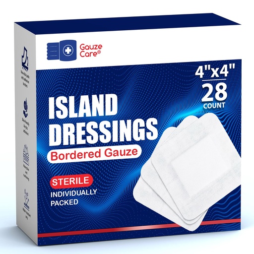 [BRSRMAQYDJ5AIH3F] GauzeCare Island Dressing 4x4 inch 28 Pcs| Individually Packed Sterile Pouches| 2x2 Non-Stick Pad in Center with Acrylic Adhesive Borders| Water-Resistant Adhesive Pads for Wound Care and Dressing
