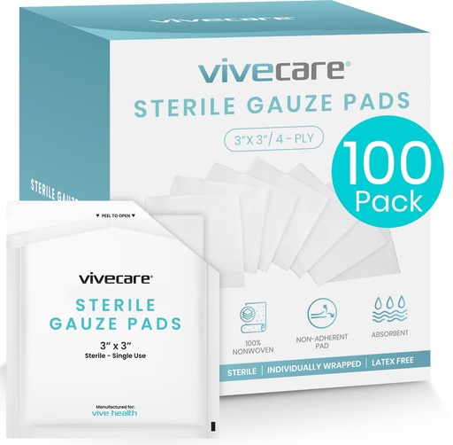 [BRSW2BIDB4NRMCI2] Vive Care 3x3 Sterile Gauze Pads (100 Piece) - Individually Wrapped 2-Pack Wound Dressing for Cleaning & Cushioning - Non-Adhesive Highly Absorbent Bandages