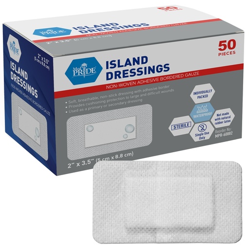 [BRSWYBIZAEMAM33V] MED PRIDE Adhesive Island Dressing 2x3 in, Pack of 50 Sterile Bordered Wound Dressings, Highly Absorbent, Non-Stick, Latex-Free (2'' x 3.15'')