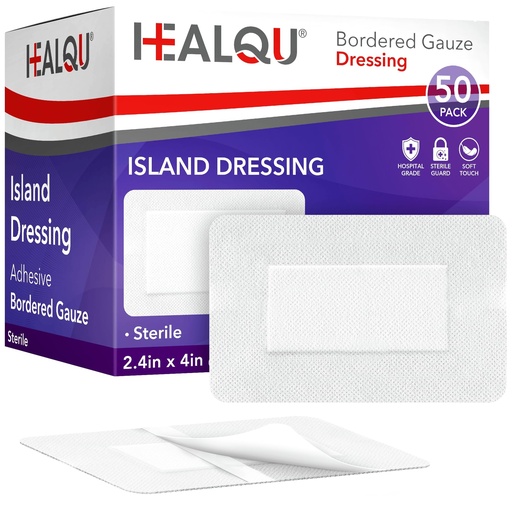 [BRSWYCALAEPBY23X] HEALQU Bordered Gauze Island Dressing - 50 Count, 2.4"x4" Sterile Individually Wrapped Gauze Pads with Water-Resistant, Non-Woven Backing - Soft and Breathable Wound Dressing for First Aid & Medical
