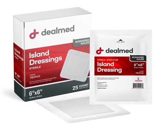 [BRSWGEAOPIAREELX] Dealmed Sterile Gauze Island Wound Dressing 6" x 6" Gauze Pads, Disposable, Latex-Free, Adhesive Borders with Non-Stick Pads First Aid Kit and Medical Facilities 25 Count
