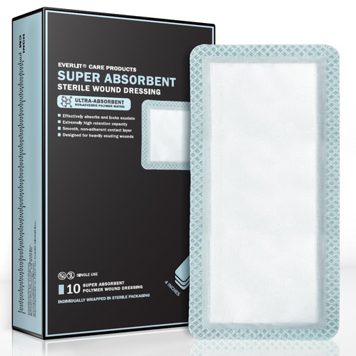 [BRSRMCQ2AQBRMAI3] EVERLIT Super Absorbent Dressing for Wound Care | Nonstick Soft Surgical Gauze Pad for Heavily Exuding Wounds | Large Sterile Non-Adhesive Bandage for Fast Healing Wound Care | Pack of 10 (4" x 8")