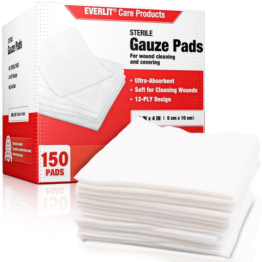 [BRSWYCAQAQMBAGTO] EVERLIT [Extra-Thick] 4''x4'' Sterile Gauze Pad 12-Ply, 150 Pack, Individual Wrapped, Ultra Absorbent Large Non-Woven Medical Gauze Sponges for Wound Care Home First Aid Kit