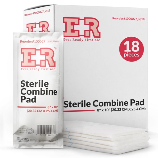 [BRSREZTQAEPAMGTU] Sterile Combine (ABD) Pads 8" x 10" – Highly Absorbent Design for Large Wounds, Individually Wrapped for Easy Use, Ideal for First Aid Kits – 18 Count
