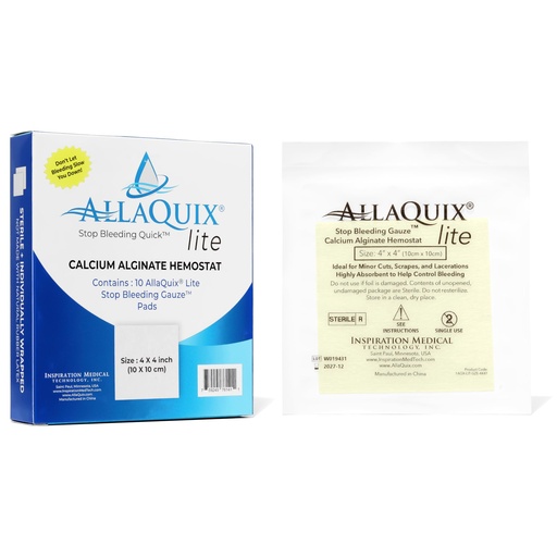 [BRSW2FAKAQFWYHY4] Stop Bleeding Fast – AllaQuix Lite Hemostatic Gauze Pads 4" x 4" – Calcium Alginate Wound Dressing – Sterile, High Absorbency, Non-Adherent – First Aid for Bleeding Control – 10 Count