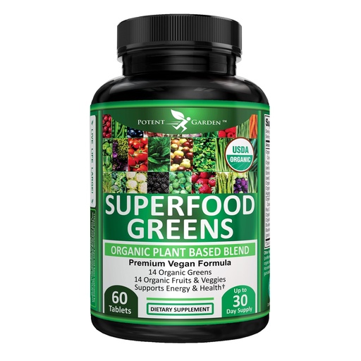[BRSW2FTRCIBBAHQY] Potent Garden Organic Superfood Greens, Fruit and Veggies Supplement Rich in Vitamins & Antioxidants with Alfalfa, Beet Root & Tart Cherry to Boost Energy, Immunity & Gut Health, Greens Tablets 60 Ct