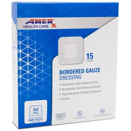 [BRSWYFQLBABAKC3B] 4" x 4" Dressing (2x2 Pad) AMERX Bordered Gauze - Adhesive Bandages - Water Resistant Barrier - Self Adhesive Border - Breathable, Hypoallergenic - 15 Pads Per Box