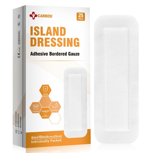 [BRSREEL7PN4GCHQY] Carbou Island Dressing Bordered Gauze 4"x10" - 25 Sterile Individually Wrapped Pads | Non-Stick Center with Water-Resistant Adhesive Border | Medical Grade Non-Woven Backing for Wound Care & First Aid