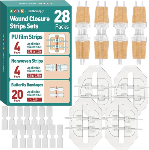 [BRSREFA5OYBAMYLB] AZEN 28 Pack Wound Closure Strips, 3 Types Butterfly Bandages, Emergency Laceration Closure Kit, Repair Wounds Without Stitches, Quick Clot Zip Stitch Wound Closures Device