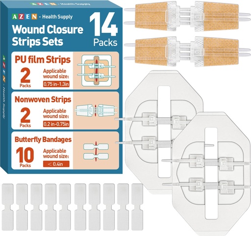 [BRSRECA3BMMQIDQZ] AZEN 14 Pack Emergency Wound Closure Strips, Butterfly Bandages, Emergency Laceration Closure Kit, Repair Wounds Without Stitches, Quick Clot Zip Stitch Wound Closures Device