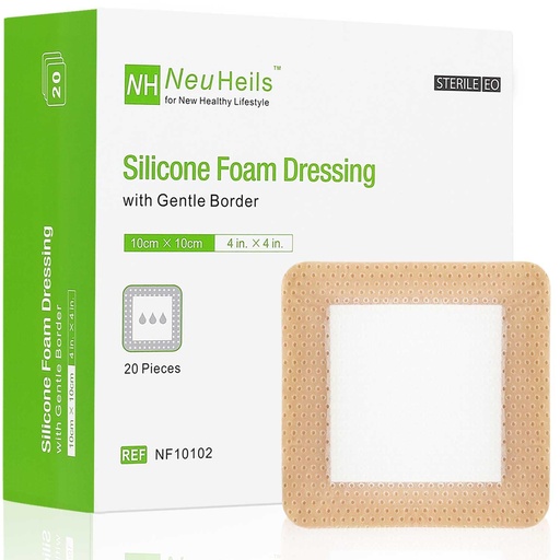 [BRSROGT5DIHQ4FYZ] NeuHeils Silicone Foam Dressing with Gentle Border 4''x4'', 20 Pack for Bed Sore Leg Ulcer, High Absorbency Large Waterproof Silicone Wound Bandage