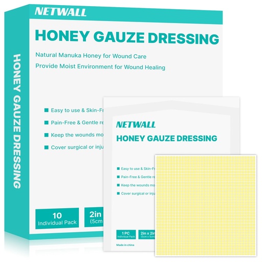 [BRSRGYD7BB6AAHI4] Manuka Honey Wound Dressing 2" x 2" Nonstick Gauze Pads, Sterile Medical Grade Manuka Honey for Wound Care, Honey Patch Wound Repair for Burns, Abrasions, Cuts and Scalds (Individually Pack of 10)