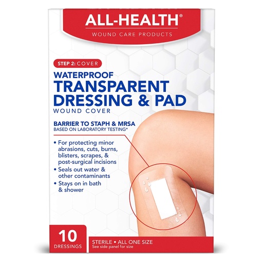 [BRSWGFARDJ7QKG34] All Health Waterproof Transparent Dressing & Pad, Dressings, 2.375 in X 4 in | Wound Cover Barrier to Staph & MRSA, 10 Count