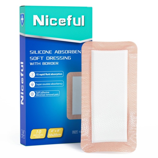 [BRSROA36BUPQACLV] Niceful Silicone Super Absorbent Wound Dressing - 4"×8" Large Absorbant Bandages with Adhesive Borders, FSA HSA Eligible, Wound Care Dressings for Bed Sores Leg Ulcers | High Absorbency, Gentle Adhesive, Pain-Free Removal, for Heavy Exudate Bedsore, Surgical Incisions, Sensitive Skin