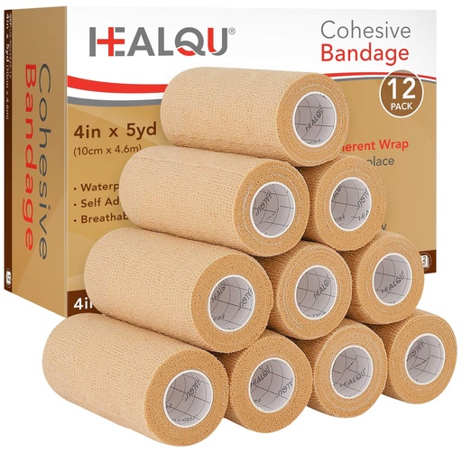 [BRSRM235CEHQACDG] HEALQU Self Adhesive Bandage Wrap – 4" x 5 Yard, 12 Rolls Cohesive Tape for Athletic & Sports - Self Adherent Medical Tape, Flexible, Waterproof Elastic Bandages for Wrist & Ankle Vet Wrap for Dogs