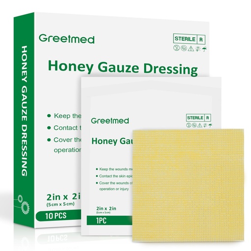 [BRSREZAFOQDQMH37] Greetmed Honey Gauze Dressing 2'' x 2'' Sterile Honey Wound Dressing, Medical Grade Manuka Honey Patches for Faster Wound Care | Burns | Traumatic Wounds and Laceration (Individually Pack of 10)