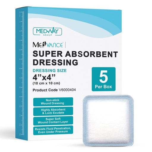 [BRSW2CAZCUMBSALU] MedVance Super Absorbent Wound Dressing, Non-Adhesive Pads, 4"x4", Box of 5 | Sterile And Individually Wrapped - Non-Stick Wound Bandages - Super Soft - Highly Absorbent & Lock Exudate - Leakproof