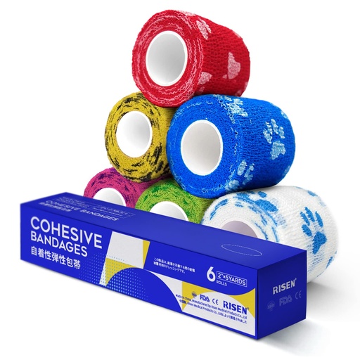 [BRSRMYYQPIPRGC3F] RISEN Cohesive Bandage 2” x 5 Yards, 6 Rolls, Self Adherent Wrap Medical Tape, Adhesive Flexible Breathable First Aid Gauze Ideal for Stretch Athletic