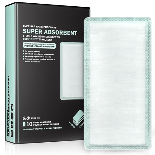 [BRSRAYA3BMBWYYD4] EVERLIT CARE EquiFlow Super Absorbent Dressing for Heavily Exuding Wound | Fast-Absorbing Non-Adhesive Polymer Dressing with Nonstick Gauze Pad | High Absorption & Retention | Pack of 10 (4" x 8")