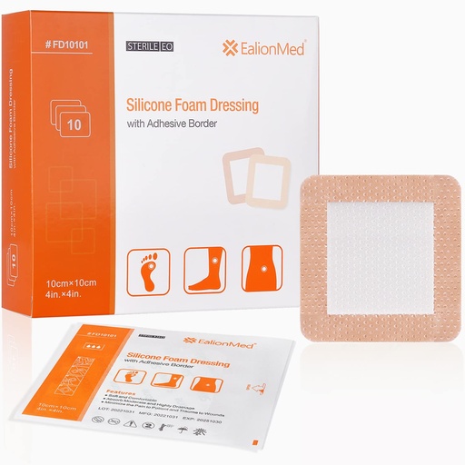 [BRSWYZYPO4FB6C3X] EalionMed Silicone Foam Dressing with Gentle Adhesive Border 4''x4'', 10 Pack, Painless Removal High Absorbency Bed Sore Wound Bandage for Pressure Sore, Leg Ulcer, Diabetic Ulcer