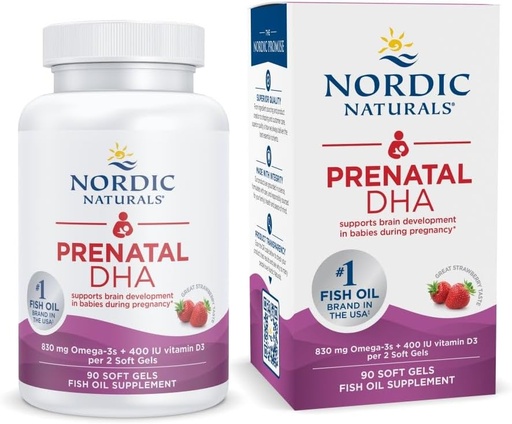 [BRSWKZDQAJ6GYAL6] Naturales nórdicos DHA prenatal, Fresa - 90 Gels blandos - 830 mg Omega-3 + 400 UI Vitamina D3 - No GMO - 45 Actuaciones