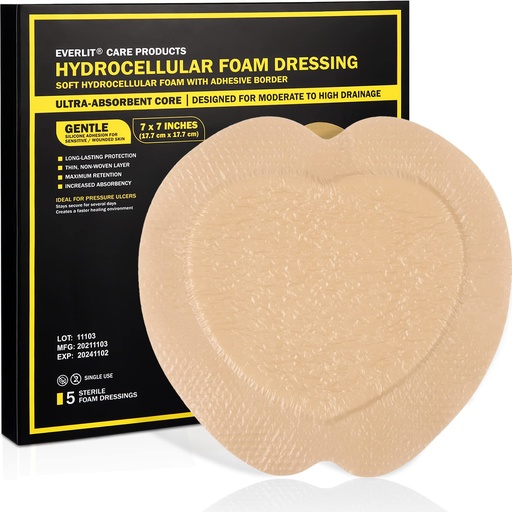 [BRSW2GILBMMBG3LO] EVERLIT Sacrum Silicone Foam Dressing | Highly-Absorbent Waterproof Sacral Bandage Pad for Bed Sore Pressure Ulcer Wound Care | Sterile Adhesive Dressing for Chronic Wounds (7" x 7" | 5 Pack)