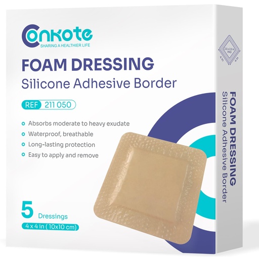 [BRSRAHQHDECW2FAY] Conkote Silicone Foam Dressings 4'' X 4'', Large Bandages for Bedsores, Wound Care, Box of 5 Dressings