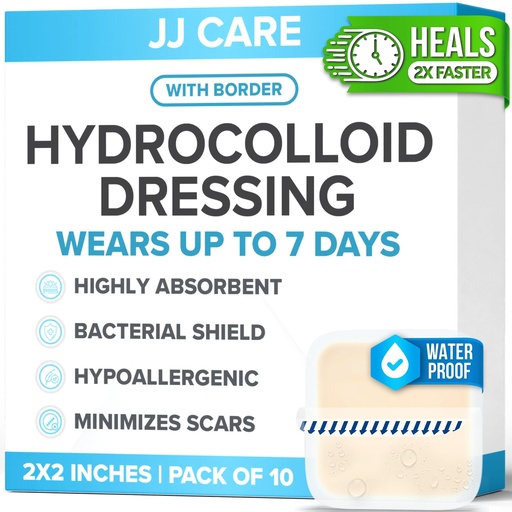 [BRSWGA36BYPB43DF] JJ CARE Hydrocolloid Dressing 2x2 [Pack 10], 1.2MM Thick Hydrocolloid Bandages with Border, Self-Adhesive Thin Hydrocolloid Wound Dressing, Wound Care Bandages for Bedsores and Blisters