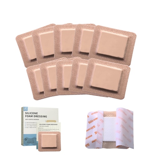 [BRSRAFAFCF7QG23H] Silicone Foam Dressing with Adhesive Border – Non Stick Pads for Wounds – Pack of 10 – 3 x 3 Inches Large Waterproof Bandages for Sensitive Skin-Wound Care & Dressings