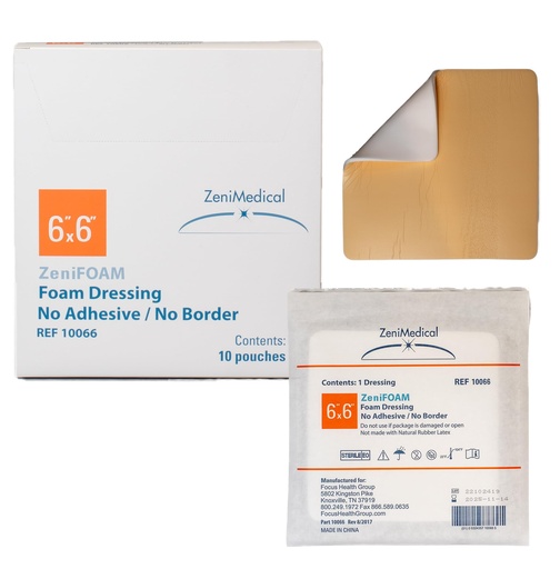 [BRSROCAZBYJR4G3L] ZeniFOAM Polyurethane Foam Dressing 6" x 6" - No Border, No Adhesive, Sterile, Highly Absorbent for Heavy Wound Drainage, Non-Stick and Lint-Free Pad, Latex-Free, with Waterproof Backing (10pcs/Box)