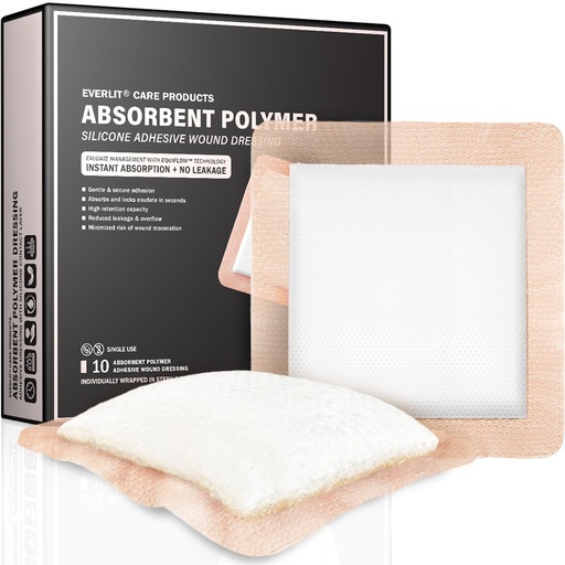 [BRSRA2YKBUBQ2ET2] EVERLIT Silicone Super Absorbent Dressing | Sterile Adhesive Bandage Pad for High Absorbency & Reduced Skin Maceration | Fast Healing Advanced Wound Care for Heavily Exudating Wound (6" x 6")