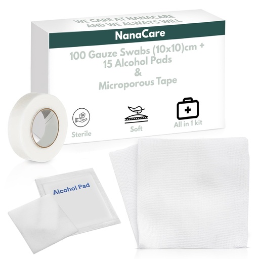 [BRSRAZYCCIPAAG36] 100pc Sterile 4x4 Non-Stick Gauze Pads with Adhesive Medical Tape & 15 Alcohol Wipes – Hypoallergenic Highly Absorbent Non-Adherent Dressing Sponges for Effective Wound Care and First Aid Supplies