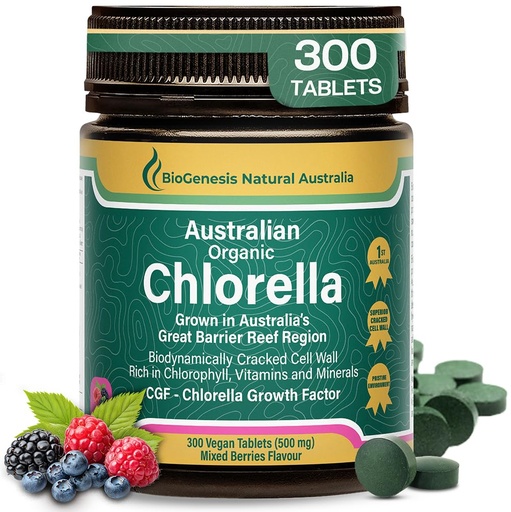 [BRSW2BQ3O4HBSDLL] Biogenesis Organic Chlorella Tablets – 300 Count (500mg) Mixed Berries | Australian Grown | BioDynamic Cracked Cell Wall | Rich in Chlorophyll, Vitamins & Minerals | Immunity | Vegan Tablets