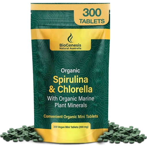 [BRSROGQTAF4BG3DA] Biogenesis Organic Spirulina, Chlorella & Marine Plant Minerals – 300 Count (200 mg) | Australian Grown Algae Superfood | Support Energy & Immunity | Vegan Mini Tablets
