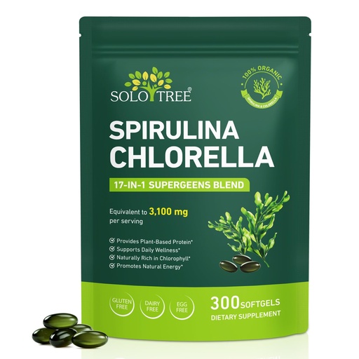 [BRSRGYALOQFRYEI2] Organic Spirulina Chlorella Capsules,17-in-1 Supergeens Blend,Rich in Vegan Protein & Chlorophyll,Immune Support,Non-GMO and Gluten Free Supplement,300 Softgels