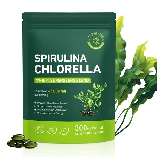 [BRSRGYALOQFRYEI2] Organic Spirulina Chlorella Capsules,Non-GMO and Gluten Free Supplement,300 Softgels