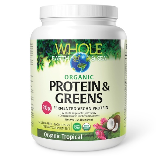 [BRSWGEAOAUMBQA3F] Natural Factors Whole Earth & Sea Organic Protein & Greens - Plant-Based Protein for Healthy Energy Support - Antioxidant Support Powder Supplement - Tropical, 1.44lbs (20 Servings)