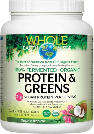 [BRSWGEAOAUMBQA3F] Whole Earth & Sea from Natural Factors, Organic Fermented Protein & Greens, Vegan Whole Food Supplement, Tropical, 1lb 7.3 Oz