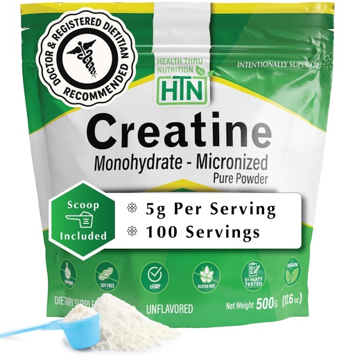 [BRSREHA2DN6GA3LG] Health Thru Nutrition Creatine Monohydrate Micronized Powder – 500g Pure Unflavored – 5g Per Scoop – Workout Support, Muscle Fuel and Recovery Bulk Supplement | Non-GMO, Vegan