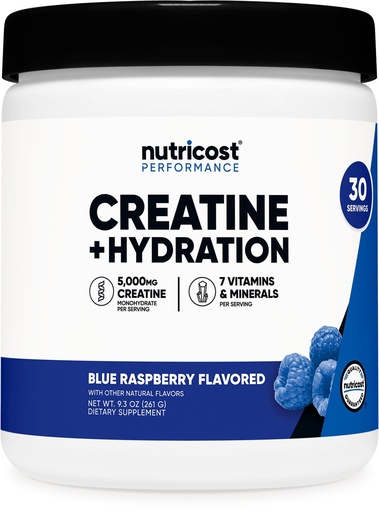 [BRSREYIOOEBGYF3H] Nutricost Creatine Monohydrate + Hydration Blue Raspberry Flavored (30 Servings) - 7 Vitamins & Minerals, 5000mg of Creatine Per Serving