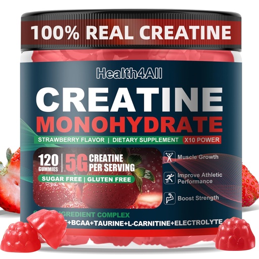 [BRSREGQCCEBBS23D] Health4All Creatine Monohydrate Gummies 5g for Men & Women, Creatine Gummy for Strength Energy & Muscle Growth Support Pre-Workout Supplement - Strawberry 120 Gummy